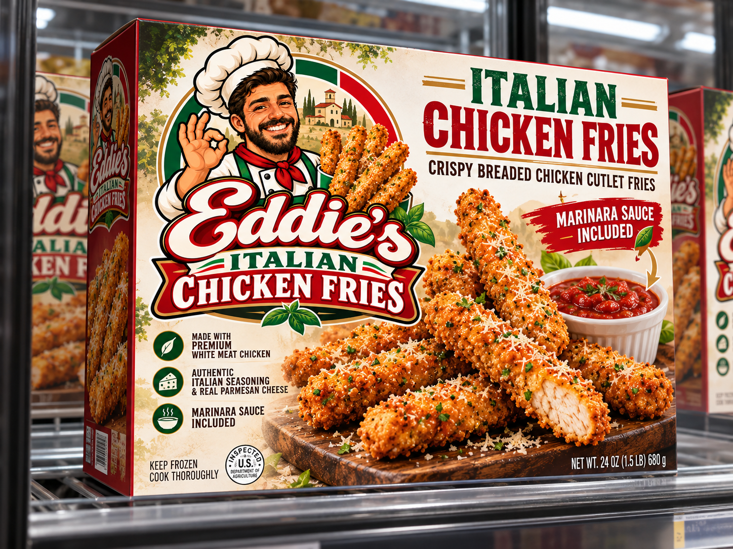 Eddie's Italian Chicken Fries box in a grocery freezer