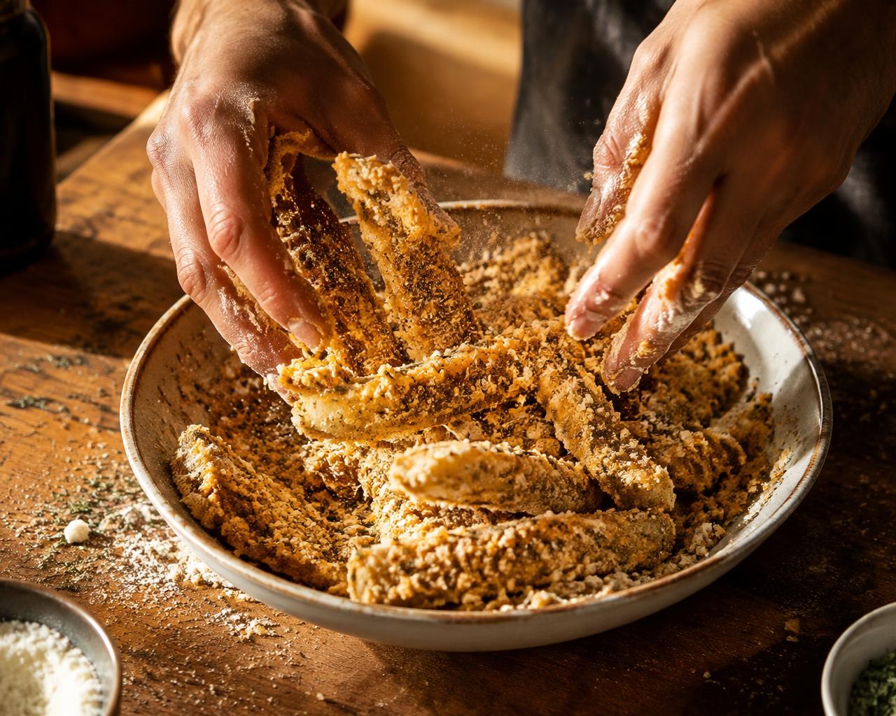 Hands tossing chicken strips in Italian breading